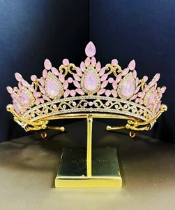 Gold Crown Crystal Tiara, Princess Crown, Gold Wedding Tiara, Wedding Pink Crown - Picture 1 of 7