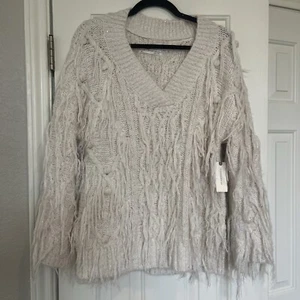 NWT Anthropologie BOHO Ivory V Neck Fringe Sweater Womens XXS Gold Metallic - Picture 1 of 13