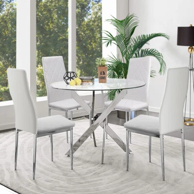 Round Glass Dining Table and 4 Chairs Set Dining Room Kitchen Lounge Office UK