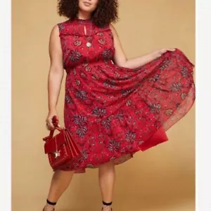 Modcloth womens dress midi length size large red floral sleeveless elastic waist - Picture 1 of 4