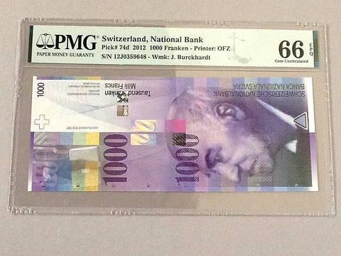 Switzerland 1,000 Franken P-74d 2012  PMG 66 EPQ Cover