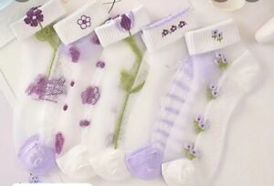 5 Pair Socks Breathable Purple White Floral Ankle Socks Crystal