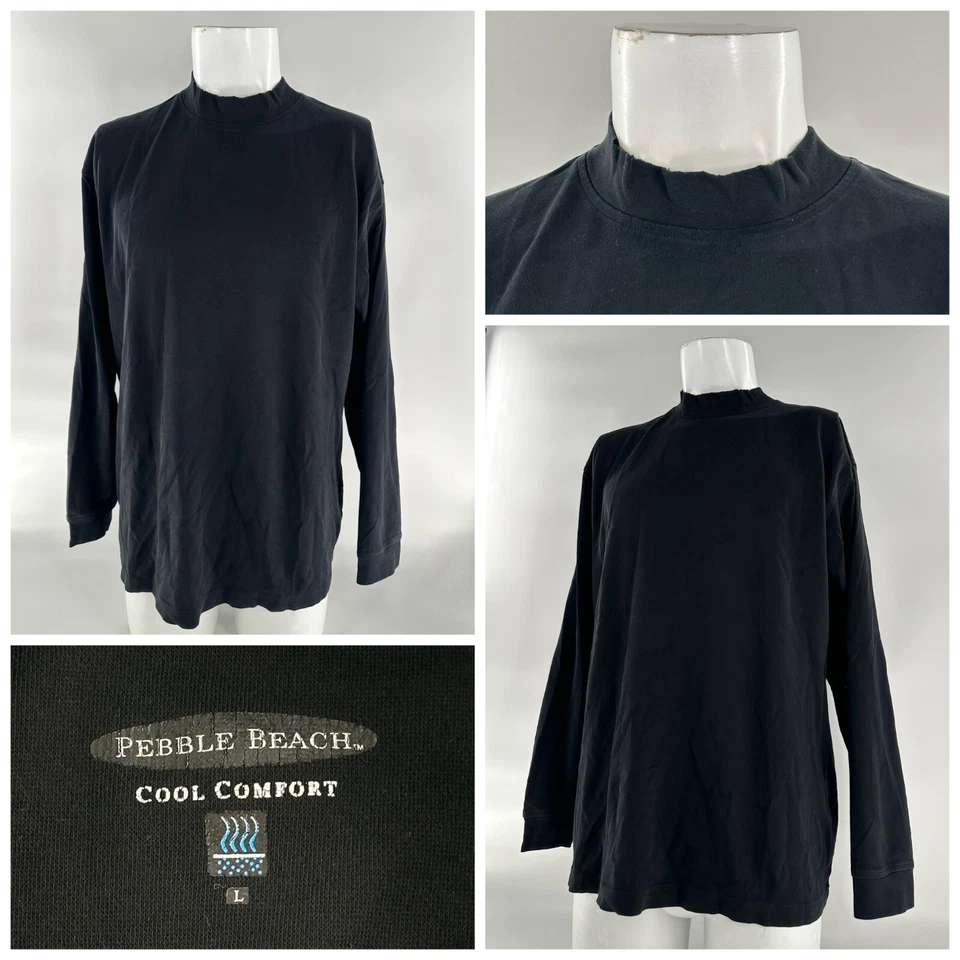 Pebble Beach Cool Comfort Mock Neck Shirt Men’s L Black Cotton Poly YGI L4-80 - Image 1 of 4