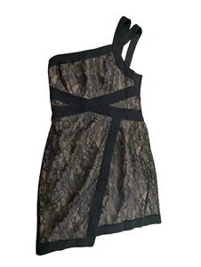 BCBGMaxazria Dress Womens Nylon Black Tan One Shoulder Lace Mini Sheath Party - Picture 1 of 9