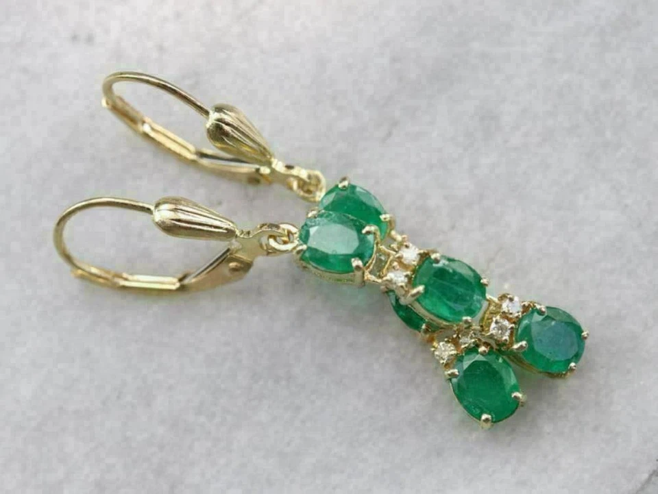 14K Yellow Gold Over 2.50CT Oval Cut Lab Created Emerald Drop/Dangle Earrings - Image 1 of 4