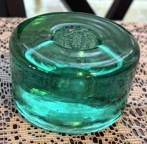 MCM Blenko Glas Kegel Kerzenhalter Grün Rund Puck Kunstglas - Bild 1 von 7