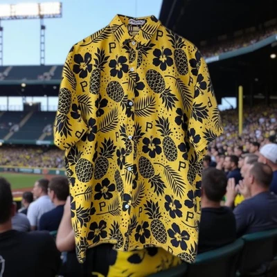 Pittsburgh Pirates MLB Baseball XL Hawaiian Shirt Pineapple Promo black yellow - Image 1 of 4