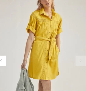 Anthropologie Shirt Dress XS Yellow Crochet Trim Short Sleeve Tie Belted Button - Picture 1 of 17