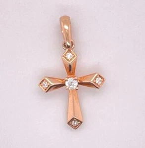 Dainty 18K Rose Gold 0.07 ct Natural Brilliant Round Diamond Cross Pendant 1.3g - Picture 1 of 5