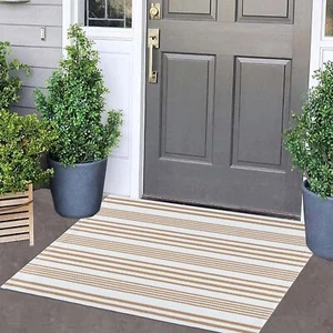 Khaki and White Striped Outdoor Rug 24'' x 35'' Door Mat Outdoor Machine Wash... - Picture 1 of 7