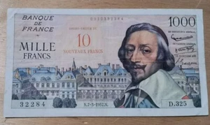 Billet 1000 Fr Surchargé 10 NF RICHELIEU 7.3.1957 Fay 53 Alph. D.325 TTB !! - Imagen 1 de 2