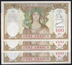 Tahiti 100 Francs Banknotes 1939-65 P-14d Consecutive Trio - Picture 1 of 7