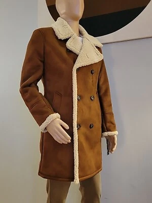 NWT Guess Mens Brown Button Up Double Breasted Faux-Shearling Coat Size Medium - Image 1 of 4