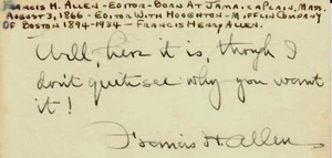 “19th Century Houghton-Mifflin" Editor Francis H. Allen Hand Written 3X5 Card - Picture 1 of 1
