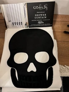 October Sky Embroidered Black & White Gothic Skull Shower Curtain (New) - Picture 1 of 3
