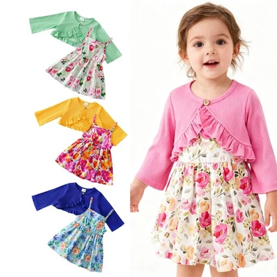 Baby Mädchen Bowknot Blumendruck Kleid Cardigan Set Trägerkleider Strickjacke - Bild 1 von 4