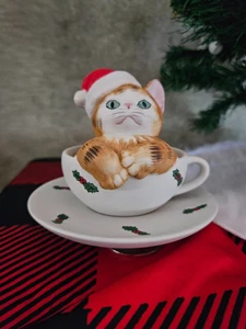 Vintage Mann Porcelain Teacup Christmas Orange Cat Musical Figurine Japan - Picture 1 of 6