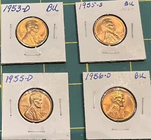 1953 D, 1955 S & D, 1956 D Lincoln Weizen Penny Lot BU - 4 Münzen - Bild 1 von 4