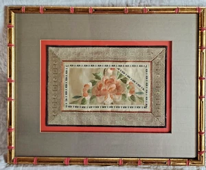 Panel cuadrado enmarcado bordado a mano peonía de seda china con efecto caja de sombra 21x17 - Imagen 1 de 12