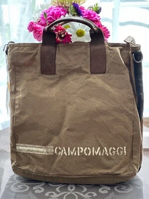 Bolso de Mano Campomaggi Cuero Lona Tostado Nuevo con Etiquetas Foto 1 de 4