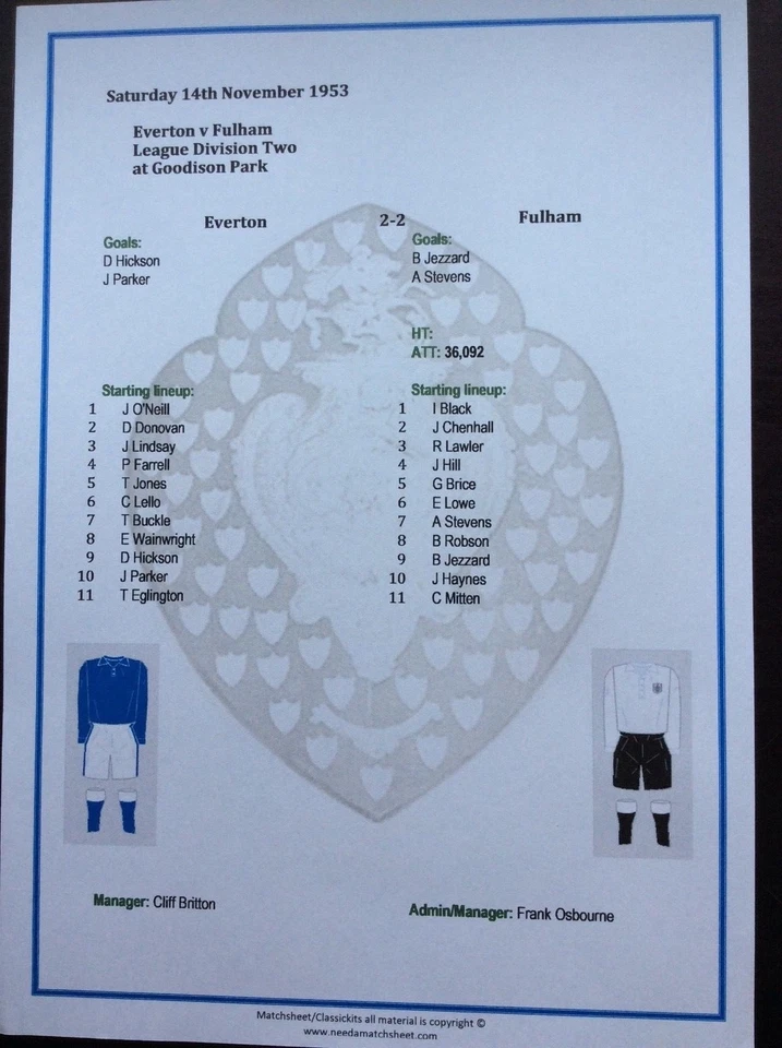 1953-54 Everton v Fulham Div 2 Matchsheet - Image 1 of 1