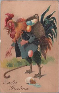 Postal Saludos de Pascua Art Nouveau Cabeza de Gallo Gigante Cesta de Huevos - Imagen 1 de 2