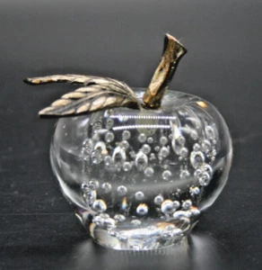 Apple Art Glas Briefbeschwerer klar Bullicante Messingstiel Vintage Obst Dekor 2,5" - Bild 1 von 7