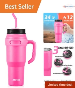 40 oz Insulated Tumbler Stainless Steel Leak Proof Travel Cup with Handle Pink - Picture 1 of 8