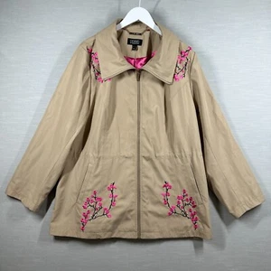 Dennis Basso Jacket Womans XL Biege Trench Coat Japanese Flowers Embroidered - Picture 1 of 16