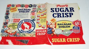 Involucro di cera scatola cereali croccante post zucchero anni '50 con emblemi ferroviari cereali premium - Foto 1 di 3