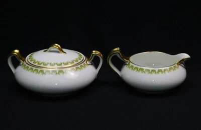 Haviland Limoges Creamer Sugar Bowl With Lid Schleiger 272 Green and Gold - Image 1 of 4