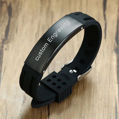 Black Personalized Men's Bracelet Wristband Silicone Band ID Name Free Engraving - Image 1 of 4