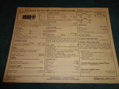 1971 BUICK 350 V-8 ENGINE SUN TUNE-UP CHART / 4BBL / SKYLARK LESABRE GS - Imagem 1 de 2