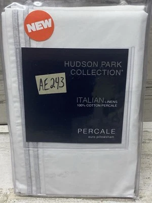 Hudson Park Italian Percale Cotton White / Silver Euro Sham New - Image 1 of 3