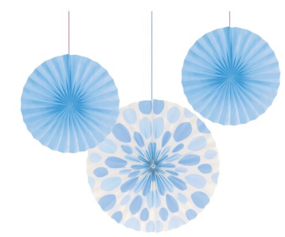 Pastel Blue Polka Dot & Solid Paper Fans 3 Pack 1 16" & 2 12" Decorations - Image 1 of 3