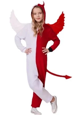 Disfraz de Ángel/Diablo Blanco Rojo Niño Mediano Cremallera Mono y Alas de Pluma Foto 1 de 4