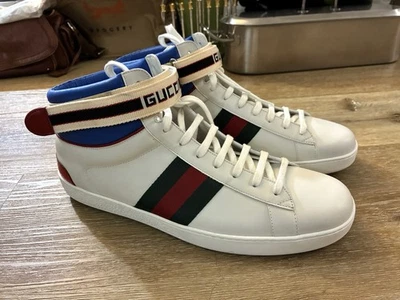 Gucci Web Stripe High Top Sneakers White Blue Red Size 12 - Image 1 of 4