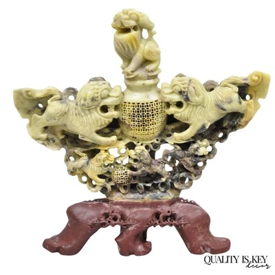 Escultura de quemador de incienso figurativa de perro Foo piedra de jabón tallada china de colección Foto 1 de 4