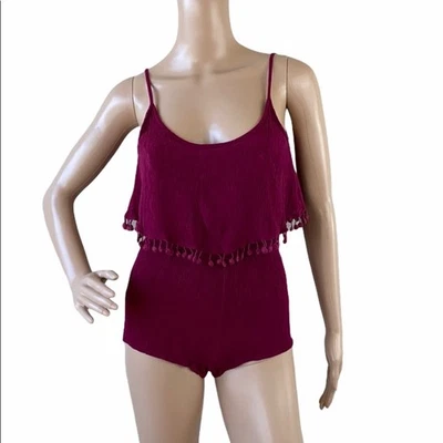 LA Hearts Women's Burgundy Scoop Neck Tie Back Fringed Trim Crinkled Romper S - Image 1 of 4