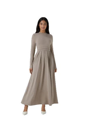 Halara Dress Womens Large Taupe Mock Neck Long Sleeve Pocket Maxi Flare Stretch - Image 1 of 4
