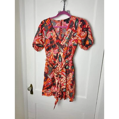 Mameluco Rachel Zoe Para Mujer S Rojo Paisley Cinturón Puff Tropical Boho Resort Costero Foto 1 de 4