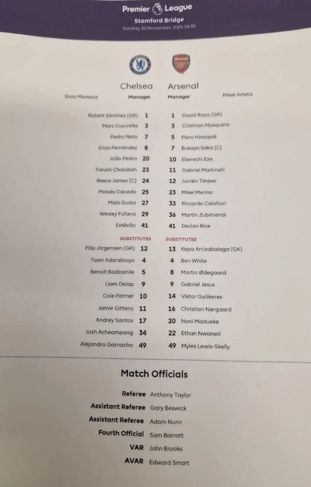 OFFICIAL TEAMSHEET 30/11/2025 CHELSEA v ARSENAL MINT UNFOLDED+FREE POSTAGE - Image 1 of 1