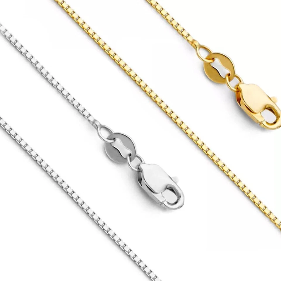 Collar de cadena de eslabones de caja sólida de oro amarillo real de 14k con broche de garra de langosta regalo Foto 1 de 4