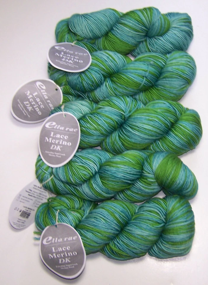 LOT of 5 Skeins Ella Rae LACE MERINO dk Hand Painted yarn #110 GREEN & BLUE - Image 1 of 1