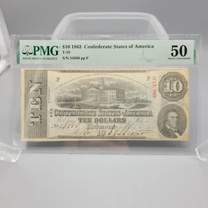 1863 T-59 $ 10 zehn Dollar Konföderierte PMG AU 50 Hammerschnitt storniert - Bild 1 von 2