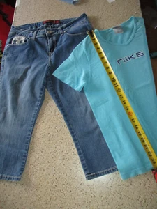Women's sz. 8 One 5 One Denim Bling Pockets Capri's with Nike T Shirt. sz. M - Picture 1 of 13