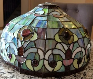 Vtg Stained Glass Shade jewels cabochon's quality approx  13"bottom 3" brass top - Picture 1 of 11