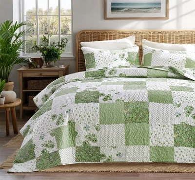 Floral Patchwork Quilt Set Full Queen Size, Green Quilted Bedspreads Coverlet... - Image 1 of 4