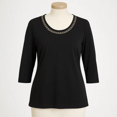 Blusa Dennis Basso Negra Cadena Cuello Túnica Top Mujer M Dorado Brillo Minimalista Foto 1 de 4