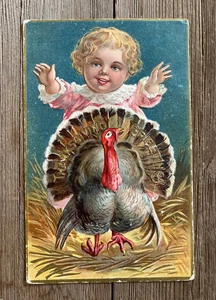 1908 Vintage Postcard Turkey Thanksgiving Child Ephemera Girl Kids Children - Picture 1 of 2